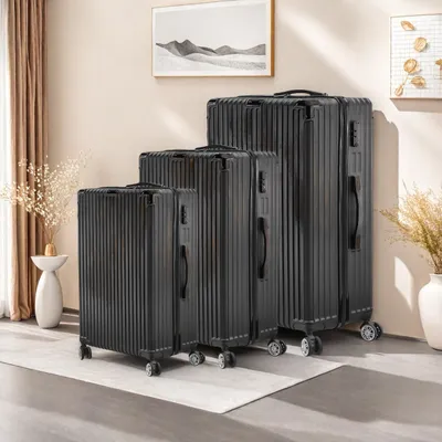 Zdjęcie produktu dla Zestaw 3 walizek w paski ABS - 28"/24"/20" - Kabinowa i bagażowa - Czarna - Lekka i wytrzymała walizka podróżna na 4 kółkach