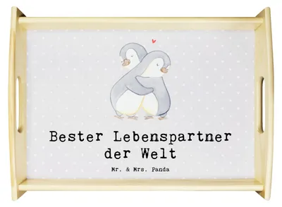 Produktbild von Mr. & Mrs. Panda Dekotablett Pinguin Bester Lebenspartner der Welt - Grau Pastell - Geschenk, Ehemann, Liebe, Bett-Tablett, Tablett, Hochzeitstag, Geschenkidee, Freund