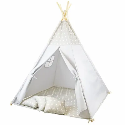 Produktbild von 4iQ Graues Kinderzelt Tipi Sternen mit Kissen für Kinder 120x120x180 cm