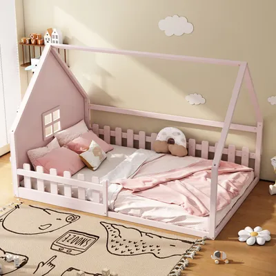 Obrázek produktu pro MODFU Dětská postel 140x200 cm s ochranou proti pádu, dům postel pro dospívající, postel pro rodiče a dítě, borovicová postel s laťovým roštem, Růžová (bez matrace)