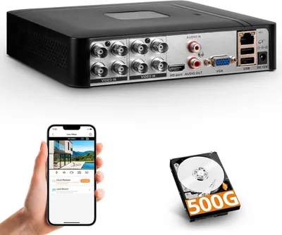 Imagen del producto de Grabador de video de seguridad de 8 canales - Disco duro de 500 GB - DVR híbrido 5 en 1 - H.265+