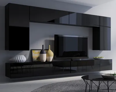 Produktbild von Wohnwand Amanda VII, Wohnzimmer-Set, Anbauwand, Schrankwand, Mediawand 300cm Breite (Schwarz / Schwarz Hochglanz)