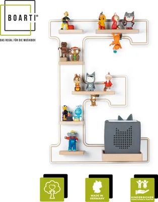 Produktbild von BOARTI Kinderregal Buchstabe E | hängend für Toniebox und Tonie Figuren | platzsparendes Regal | H. 54 x B. 38 x T. 19 | Wandregal Musikbox und Figuren Aufbewahrung Magneteinsätzen | Aufbewahrungsregal Holz