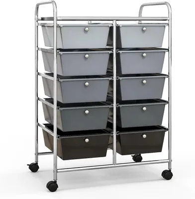 Immagine prodotto di Carrello con 10 cassetti impilabile, carrello con cassetti per bagno e cucina con ruote bloccabili, carrello portaoggetti per casa, cucina, bagno e ufficio, 65,5 x 37 x 87 cm, grigio chiaro + nero