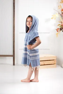 Immagine prodotto di Poncho in cotone per bambini con chiusura in velcro - Blu navy - Accappatoio 7/8 anni -