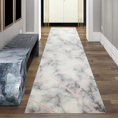 Produktbild von Designerteppich Wohnzimmer, Marmormuster in creme rosa Größe - 80 x 300 cm