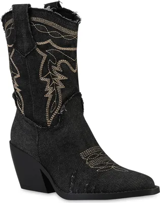 Produktbild von VAN HILL Damen Cowboy Boots Stiefeletten Spitze Denim Stickereien Schuhe 841341, Farbe: Schwarz, Größe: 37