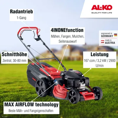 Produktbild von AL-KO Benzin-Rasenmäher Premium 520 SP-H (51 cm Schnittbreite, 3.2 kW Motorleistung, Robustes Stahlblechgehäuse, Hinterradantrieb, Mulchfunktion, Seitenauswurf, für Rasenflächen bis 1800 m²)