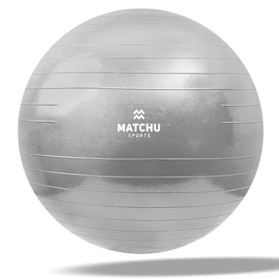 A gray exercise ball with horizontal lines and a logo in the center, on a white background with a subtle shadow.