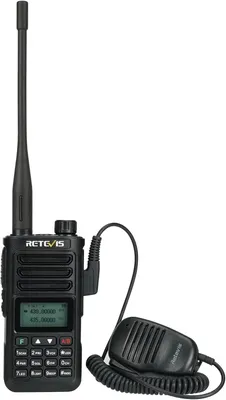 A black Retevis RA89 amateur radio transceiver with a connected microphone is displayed against a white background.