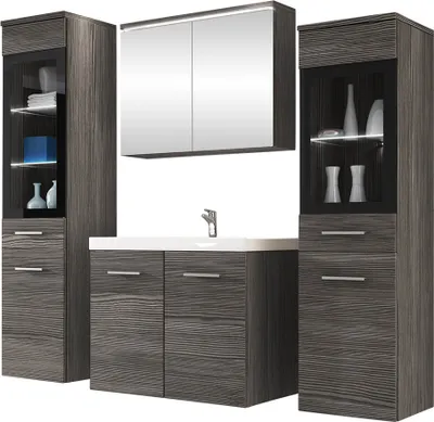Produktbild von MIRJAN24 Badmöbel-Set Madrit II, Badezimmer-Set mit Spiegel und Waschbecken (Farbe: Bodega, mit Siphon, mit weißer LED Beleuchtung)