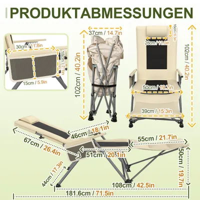 Produktbild von UISEBRT Creme Gepolsterter klappbarer Liegestuhl Outdoor, verstellbare Rückenlehne, stabiler Stahlrahmen für Garten und Freizeit