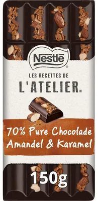 Produktbild von L'Atelier Pure 70% Kakao Schokolade mit Mandel & Karamell, 150 g