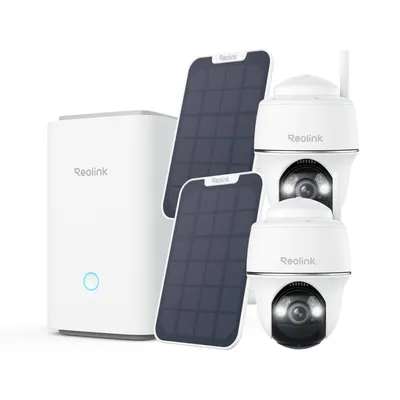 Produktbild von Reolink Argus PT+Solarpanel x2 mit Home Hub, 2K+ 5MP Akku Überwachungskamera Set Aussen, 5/2,4 GHz, Smart-Erkennung, Farbnachtsicht, mit 64GB SD-Karte