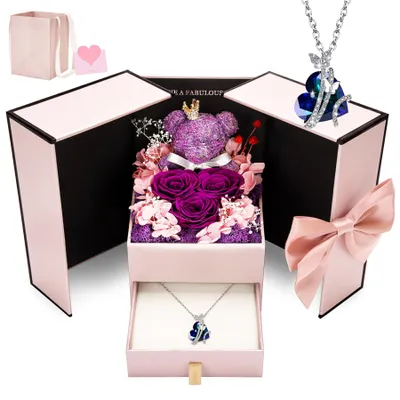 Ewige Rose mit Bär & Herz-Halskette, 3 violette Rosen, Geschenkbox