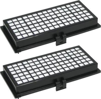 Two black vacuum cleaner filters are shown, arranged one above the other, against a white background.
