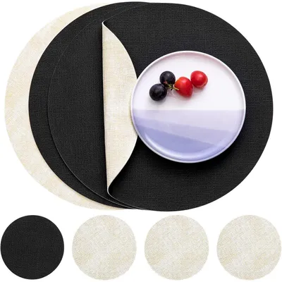 Productafbeelding van Tafelsets, vaatwasmachinebestendig, lederlook, rond, diameter 36 cm, set van 4, crèmekleurig, zwart