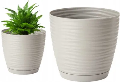 A potted fern sits in a light gray planter next to an empty planter of the same design.