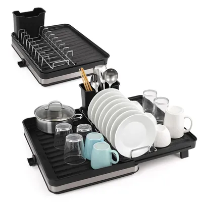 Image de Égouttoir à vaisselle, égouttoir de cuisine, égouttoir extensible, adapté au contact alimentaire et robuste, rangement de cuisine avec système de drainage