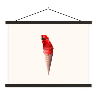 Produktbild von MuchoWow® Textilposter Eiscreme - Papagei - Rot - Eistüten - Weiß 40x30 cm mit schwarzem Rahmen - Dekorationen