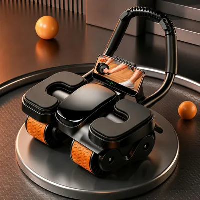 Produktbild von 4-rädriger automatischer Rückfederung Bauchtrainer mit Kniematte,Ab Roller Wheel,Bauchtrainer elektrisch mit Ellbogenstütze und Handyhalter,Schwarz