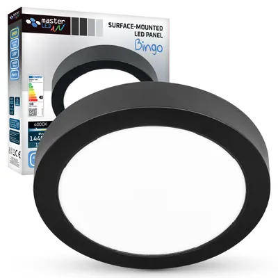 A product shot of a black LED ceiling panel and its packaging.