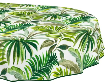 Produktbild von Tischdecke 140x180cm Oval Grün abwaschbar Baumwolloptik Palmenblätter Grün wetterfest mit Saumkante