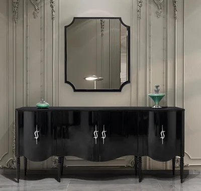 Produktbild von Casa Padrino Luxus Barock Sideboard mit Wandspiegel Schwarz / Silber - Barock Möbel