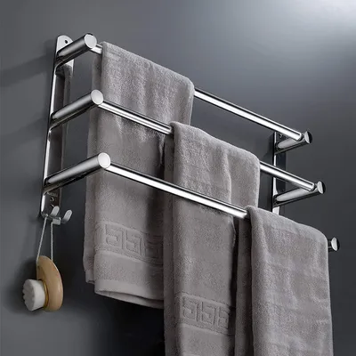 Productafbeelding van Uittrekbare handdoekhouder, 43-78 cm, roestvrij staal, zonder boren, handdoekrek voor aan de muur, wandplank, geschikt voor badkamer en keuken, handdoekhouder (zilver, 3-laags)
