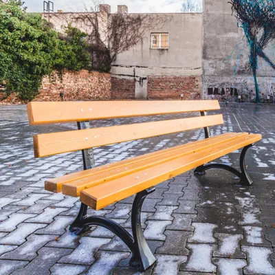 Produktbild von REKORD LODZKA Tek Gartenbank 170 x 59 x 73 cm Robuste Parkbank aus Metall und Holz mit Rückenlehne wetterfeste Outdoor Sitzbank
