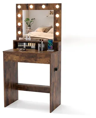 Produktbild von COSTWAY Schminktisch mit LED, Frisiertisch mit Ladestation, Spiegel, Schublade & offenem Fach, Kosmetiktisch Helligkeit einstellbar, 66x40x136cm Braun