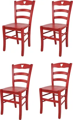 Four red wooden chairs with heart cutouts on a white background.