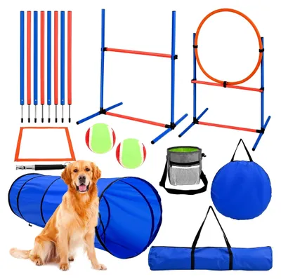 Produktbild von 70-teiliges Agility-Set für Hunde mit 8 Slalomstangen, Sprungring, 2 Bällen, Pause-Box, Leckerlibeutel und Tragetasche