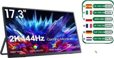 Obrázek produktu pro Herní přenosný monitor, 17,3", rozlišení 2560x1440, obnovovací frekvence 144 Hz, zástrčka EU