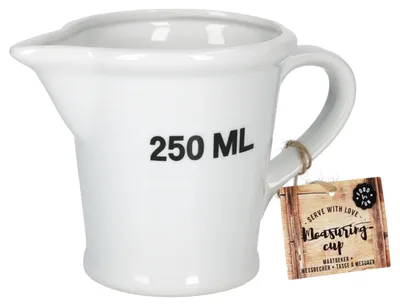 Zdjęcie produktu dla Dzbanek z miarką 250ml porcelana biała 10,5 x 9,5 cm Dzbanek z miarką z dzióbkiem do nalewania Wymiary 50ml kroki