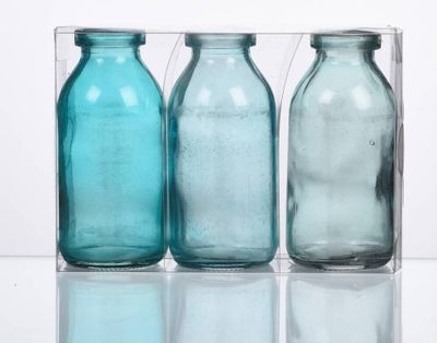 3er Pack Flaschenvasen BOTTLE H. 10cm D. 5cm blau türkis Glas Sandra Rich