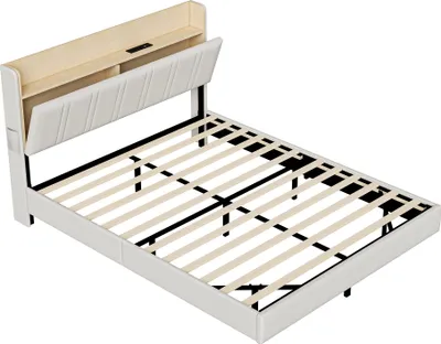 Obrázok produktu pre Postel Moonbite Schwebebett, 140x200 cm, biela, s LED osvetlením (6000 farieb), skryté nožičky, USB a USB-C porty, čalúnená hlavica s úložným priestorom