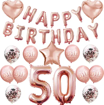Produktbild von Oblique Unique 50. Geburtstag Party Deko Set - Happy Birthday + Zahl 50 Ballons + Konfetti Luftballons roségold