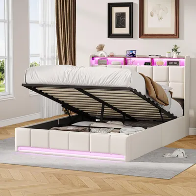 Produktbild von Polsterbett 160x200cm mit USB, Stauraumbett Doppelbett mit Lattenrost und LED, Hydraulisches Boxspringbett Jugendbett, Leinen, Beige