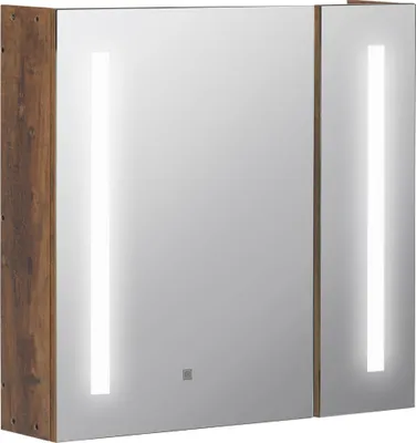Obrázok produktu pre Zrkadlo do kúpeľne Kleankin so zabudovaným LED osvetlením, nastaviteľným, s dvoma dvierkami a nastaviteľnou poličkou, rozmer 70x15x65 cm, hnedé