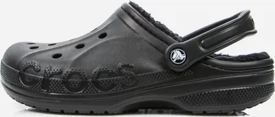 A black Crocs Baya Lined Clog shoe is shown from the side against a white background.