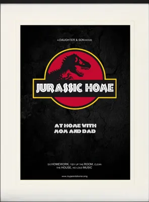 Zdjęcie produktu dla Fun Framed Picture With Elegant Passepartout | Wall Art | In Picture Frame - Jurassic Home My Parents' House OMG (80 x 60 cm)
