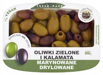 Obrázok produktu pre Zelené olivy a olivy Kalamata bez kôstok, marinované, 200 g