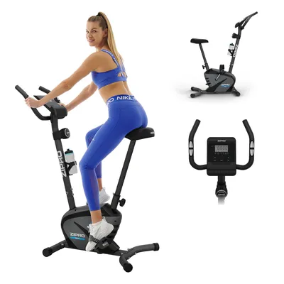 A woman is riding a stationary bicycle, with additional images of the bicycle and its console.