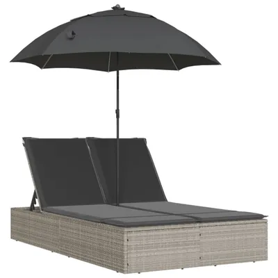 Produktbild von Doppel-Sonnenliege mit Kissen & Schirm Hellgrau Poly Rattan