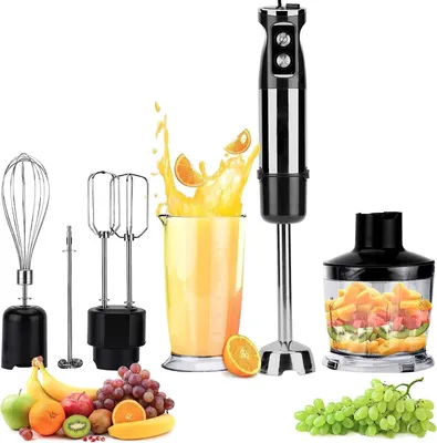 Produktbild von Stabmixer Hand Blender Mixer Set 600W, 12 Geschwindigkeiten, Edelstahl Pürierstab für Suppen Smoothies Saucen, mit 600ml Messbecher 500ml Zerkleinerer