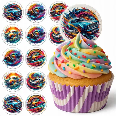Zdjęcie produktu dla Opłatek Na Babeczki Muffinki Zestaw Na Urodziny 12Szt - Auta Wyścigowe