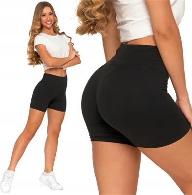 A woman is shown wearing black high-waisted sports shorts and a white crop top, with a close-up view of the shorts on the right side of the image.