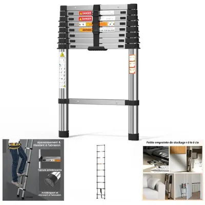 Zdjęcie produktu dla Drabina teleskopowa - wysuwana drabina robocza - 2,6 m - stal nierdzewna - do użytku w kamperach, na poddaszach, w biurach i magazynach - lekka i łatwa w transporcie