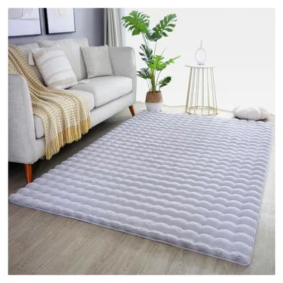 Produktbild von Hochflor Teppich für Wohnzimmer 200x300 cm in Silberfarbe mit 3D Optik